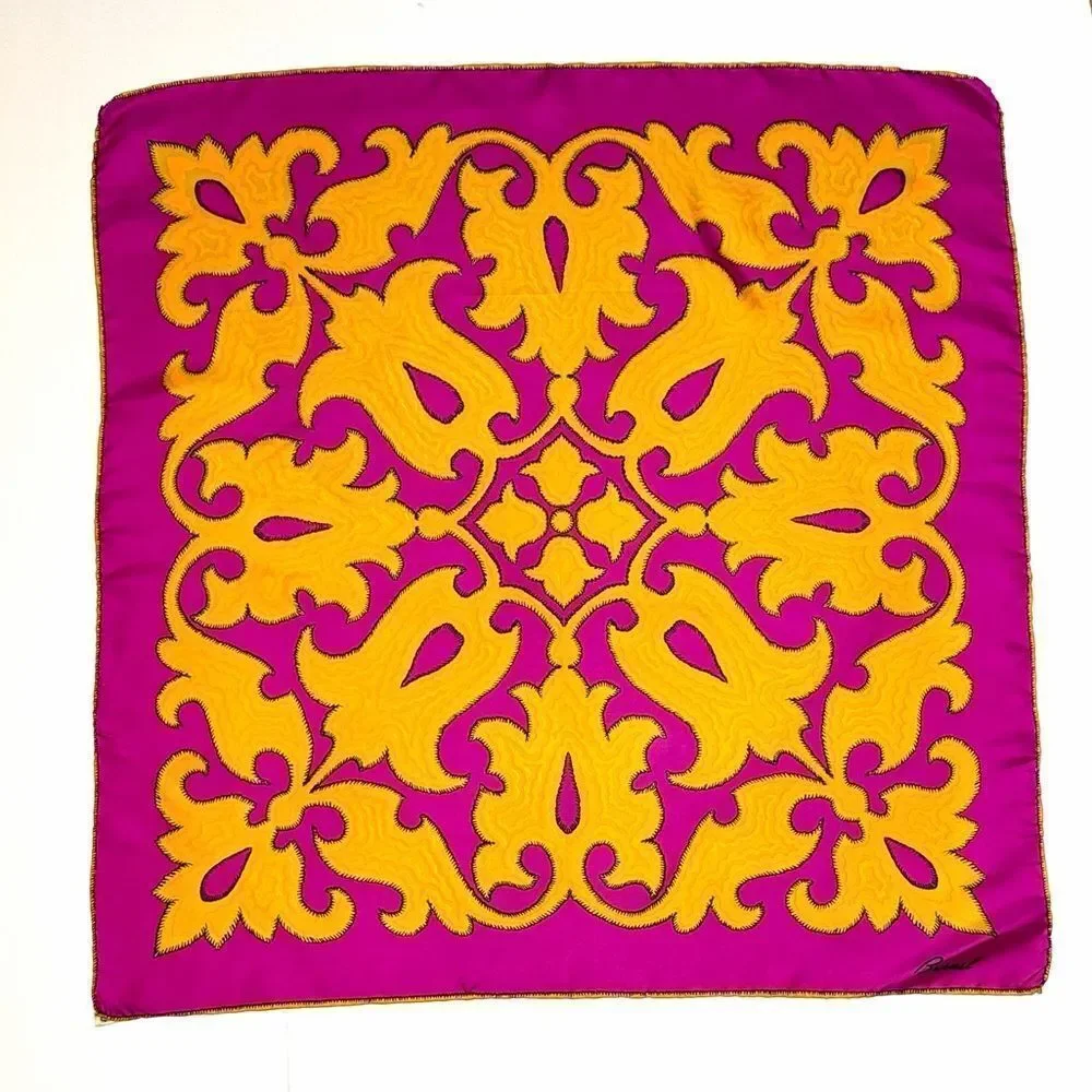 Burmel Twill Silk Scarf Fuchsia Yellow Moroccan-style Pattern Hand Rolled Japan